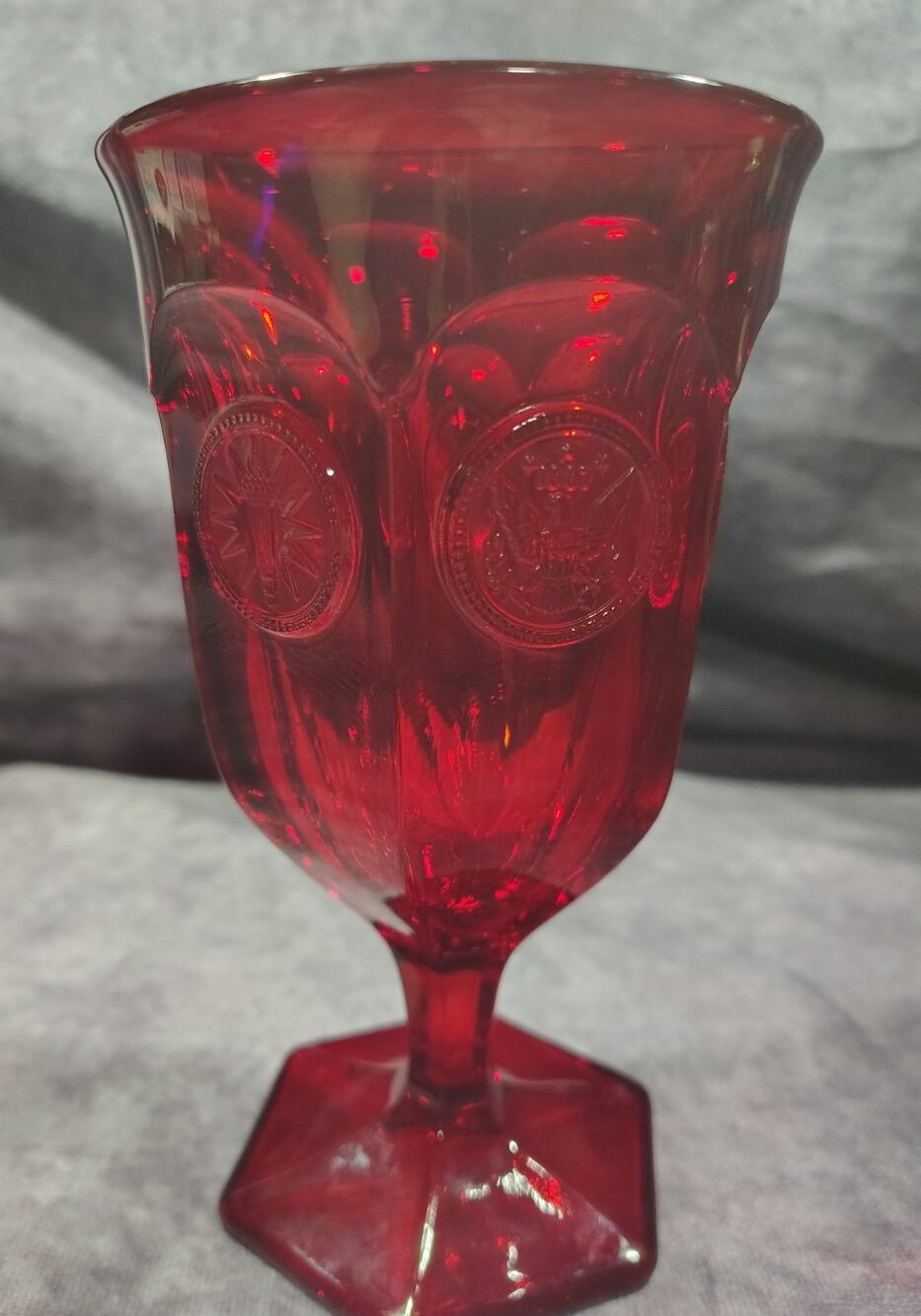 Vintage Fostoria Ruby Coin Dot 6 1/2" Goblet + UV Reactive